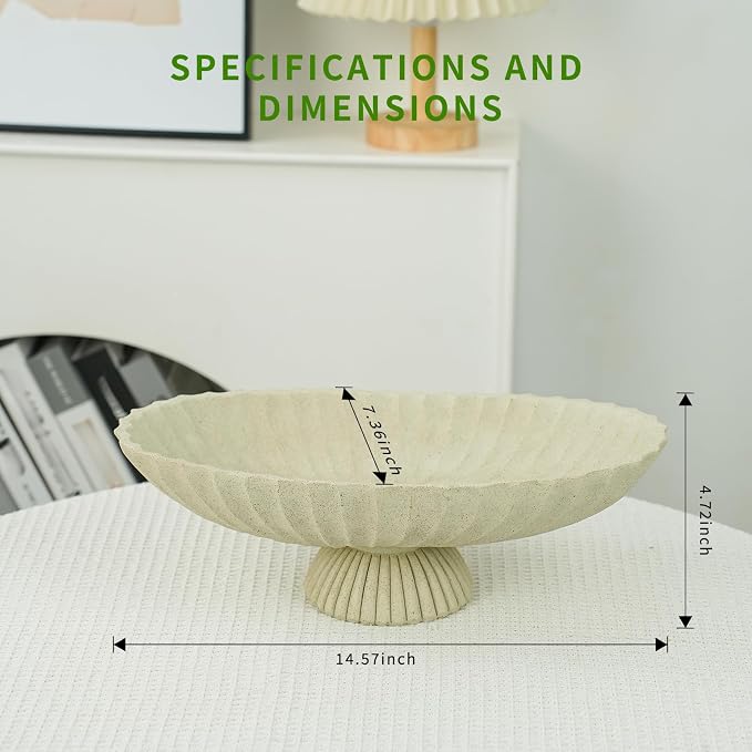 14.5" Large Decorative Long Bowl decor - Fluted Scalloped Decorative Bowls for Home Decor - Ruffle Decor,Stylish Key Bowl for Entry Table,Decorative Fruit Bowls for Kitchen Counter,Light Gray