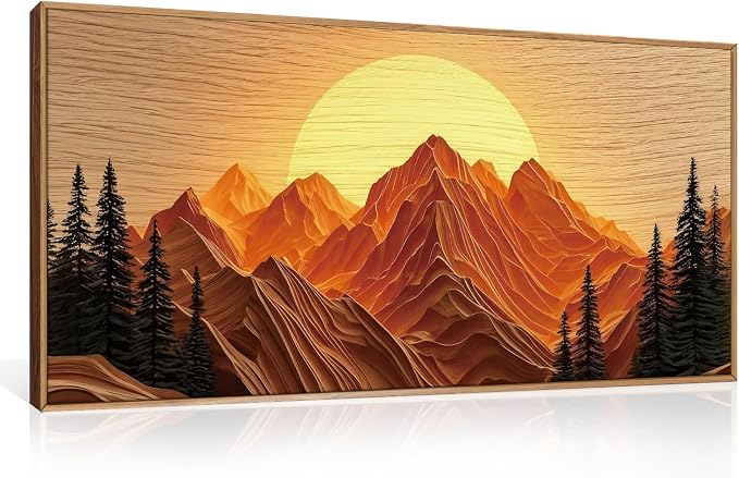 Large Boho Golden Mountain Framed Canvas Wall Art Set, Abstract Ridge Sunset Landscape Wall Decor, Natural Wooden Pine Tree Scenery Artwork for Living Room,Bedroom,Office-20 x40
