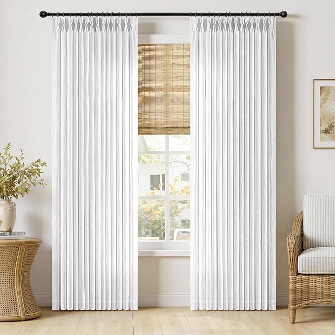 MIULEE Pinch Pleated White Thick Linen Curtains 96 Inches Long 2 Panels, Linen Texture Memory Trained Drapes for Living Room Bedroom, Pinch Pleat Back Tab Light Filtering Farmhouse Window Curtains