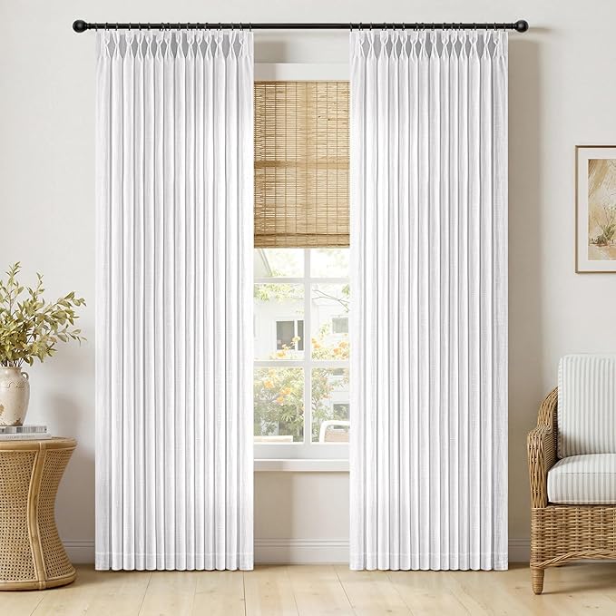 MIULEE Pinch Pleated White Thick Linen Curtains 90 Inches Long 2 Panels, Linen Texture Memory Trained Drapes for Living Room Bedroom, Pinch Pleat Back Tab Light Filtering Farmhouse Window Curtains