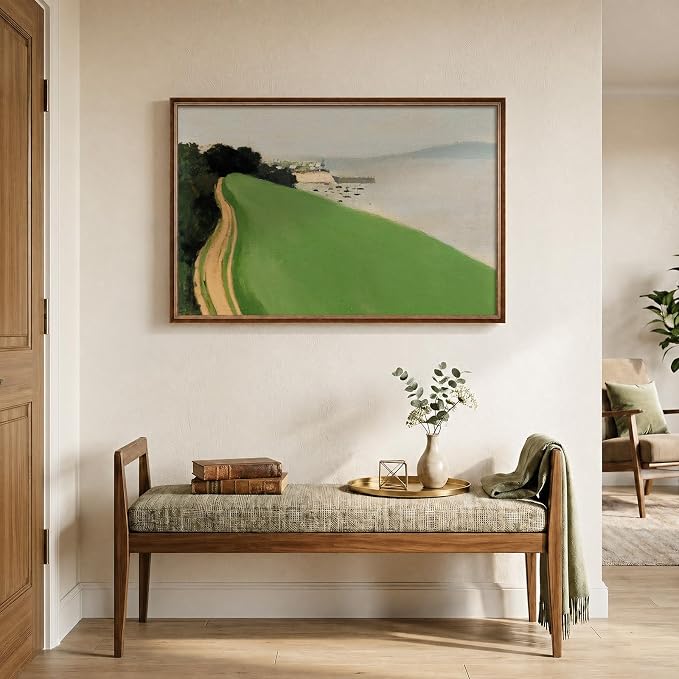 Vintage Framed Green Abstract Landscape Wall Art, Modern Minimalist Coastal Canvas Paintings Artwork for Walls, Rustic Nature Pictures for Living Room Bedroom Dining Room Office Wall Decor, 24x36 In