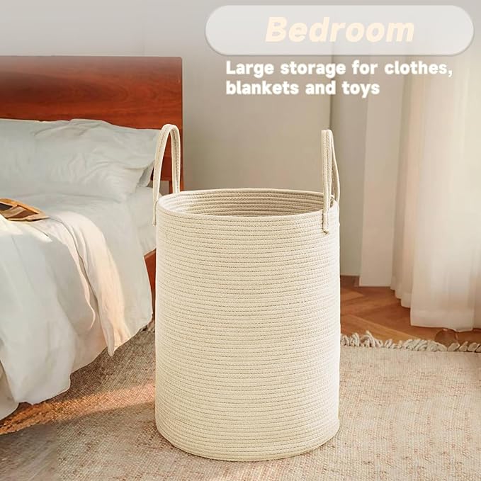 JMvicyroam Large Woven Laundry Basket Hamper,100L Cotton Rope Storage Bin for Blankets,Toys and Clothes,Decorative Tall Nursery Hamper for Living Room,Baby Nursery,Bathroom and Bedroom,Beige