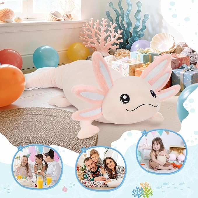 MaoGoLan Giant Glow in The Dark Axolotl Plush Pillow – 48'' Pink Axolotl Stuffed Animal, Hugging Salamander Plush Toy for Kids Girl Boy, Large Salamander Body Pillow Birthday Gift Baby Shower Decor