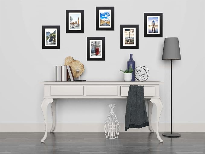 The Display Guys - Black Wooden Minimalist Picture Frames Set - Tempered Glass - 5x7 matted to 4x6 - Tabletop Easel - 6-Pack