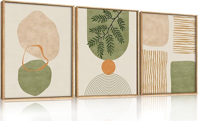 BICERE Boho Sage Green Framed Canvas Wall Art Set,Abstract Minimalist Geometric Line Wall Decor,Modern Mid Century Beige Leaf Artwork for Living Room,Bedroom,Dining Room,Office-12 x16 x3
