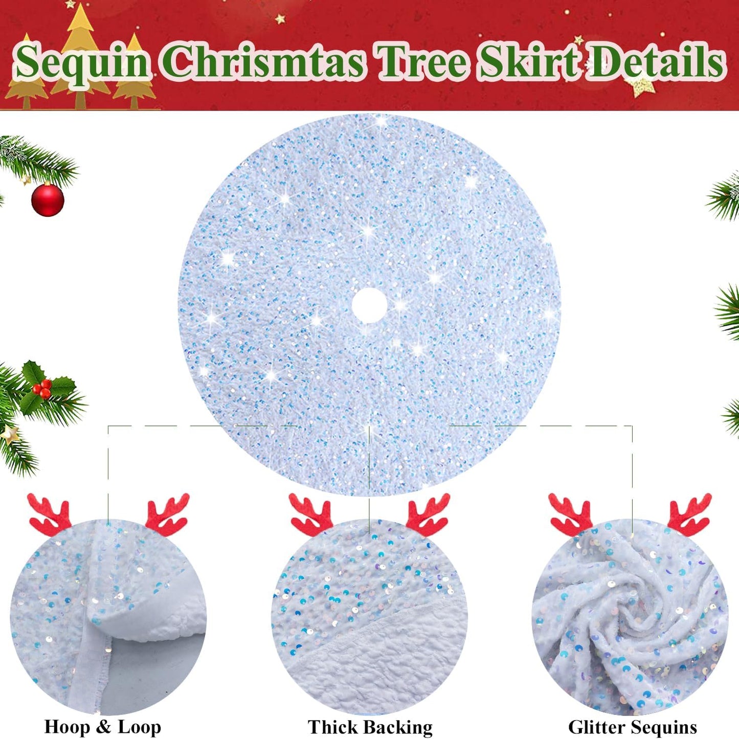 MODFUNS Iridescent White Christmas Tree Skirt Mini 21 Inch Sequins Tree Skirt Sparkle Velvet Xmas Tree Mat Glitter Tree Skirts for Artificial Trees Mermaid Tree Collar Skirt for Christmas Party