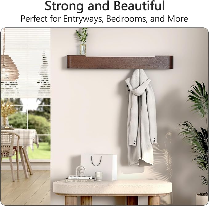 Coat Rack Wall Mount with Shelf 8 Hidden Hooks Modern Wooden Key Holder Entryway Organizer for Hallway Bedroom Bathroom Home Decor Storage for Hanging Coats Hats Bags Towels, Walnut