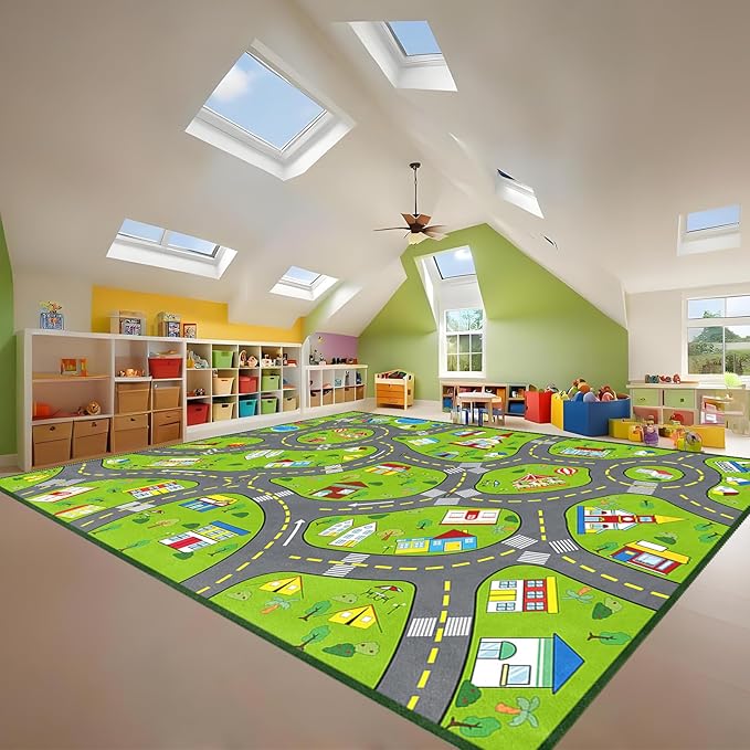 Car Rug Play Mat 9x12 Feet, Kids Rugs for Bedroom Educational Green Traffic Road Carpet for Kids Decorate Nursery Toddler Classroom Preschool Living Room Playroom