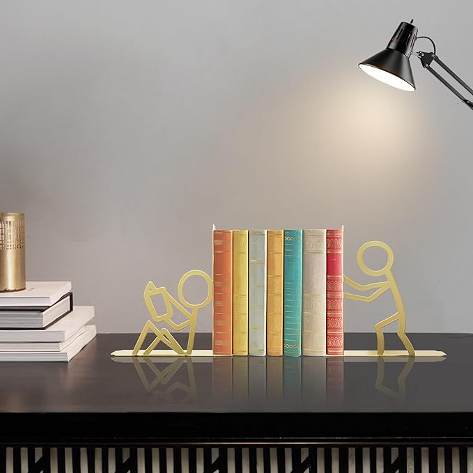 Metal Unique Office Desk Bookends Decorative Cute Book Ends Reading Decor Bookshelf Decor for Office School Library Bedroom, Book Lovers Gift（Gold）