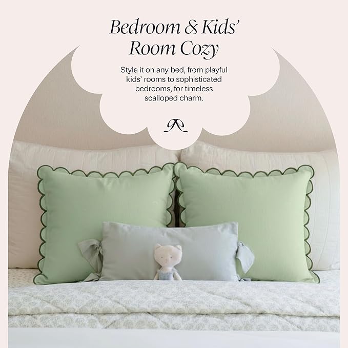 BEBE BASK Green Scalloped Pillow Cover - Set of 2-18 x 18 Inch - Scallop Pillow Cover - Scalloped Pillows - Scallop Pillows - 100% Cotton - Grandmillennial Style (Moss Green)