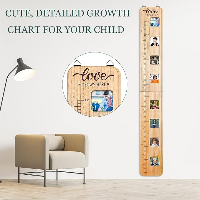 Chunful Wooden Growth Chart for Kids with Picture Frames Height Growth Chart for Wall Foldable Height Measurement Ruler for Boy Girl Teen Bedroom Playroom Nursery Child's Room Wall Decoration