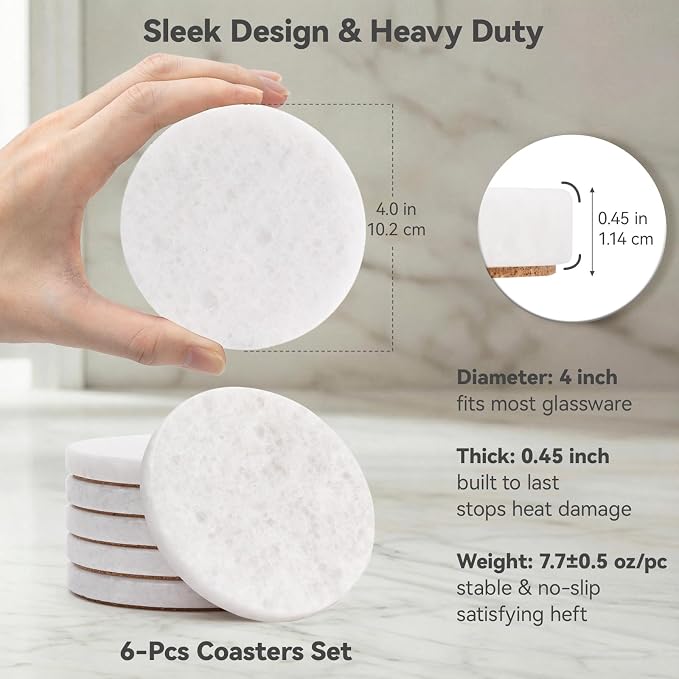 Pure White Marble Coasters Set of 6, Elegant ICY Crystal Coasters for Coffee Table, 4" Round Polished White Stone Coaster with Sparkling Texture – Heat Resistant, Non-Slip, Housewarming Gift
