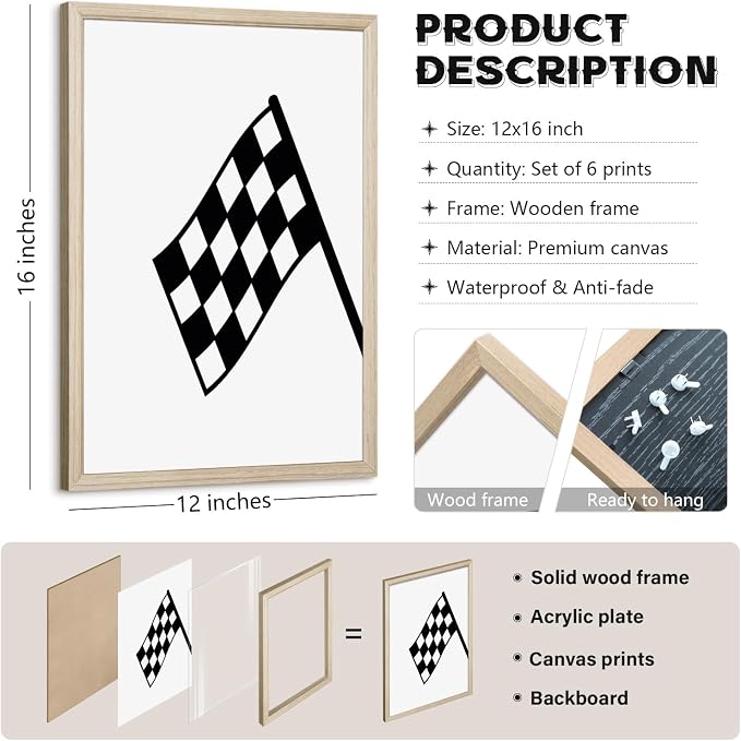 Race Car Wall Art Pictures Boys Room Wall Decor Nursery Toddler Canvas Wall Art Kids Playroom Art Prints Boys Race Car Poster Nursery Artwork Set of 6 for Bedroom 12x16 Inch Wood Framed