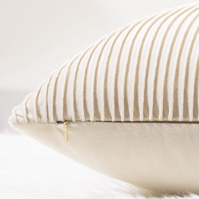YCOLL Beige Pillow Covers 22x22 Set of 2 Velvet Striped Pattern - Soft Throw Pillows for Home Decor, Luxury Decorative Pillow Covers for Couch, Bed,Living Room