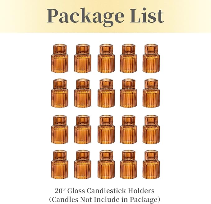 Hewory Glass Taper Candle Holders: 20 PCS Amber Elegant Candle Holder Candlestick Holders Bulk, Ribbed Glass Candle Holder Candle Sticks Holder Decor for Table Centerpiece Fall Thanksgiving Home Decor