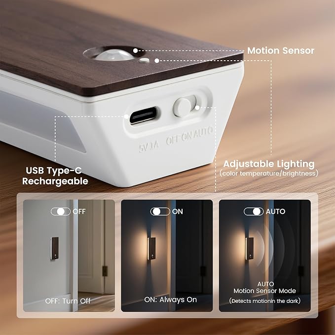 Motion Sensor Night Light Indoor, Rechargeable Wood Sensor Stair Lights, Magnetic Stick-on Light, Soft Two-Sided Glow, Adjustable Brightness for Bedroom, Hallway