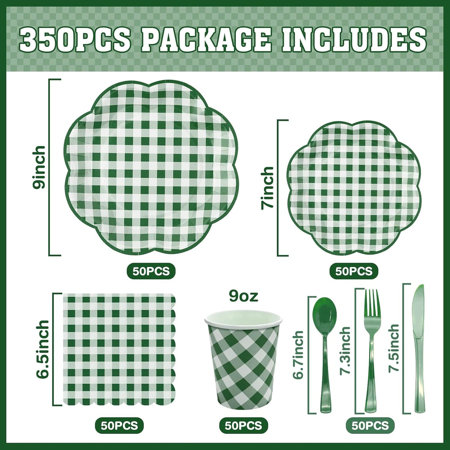 350 Pcs Green Gingham Plates and Napkins Party Supplies - Green and White Checkered Plates Sets Serve 50 Guests - Scalloped Gingham Paper Plate for Birthday Picnic BBQ Golf Party Decorations