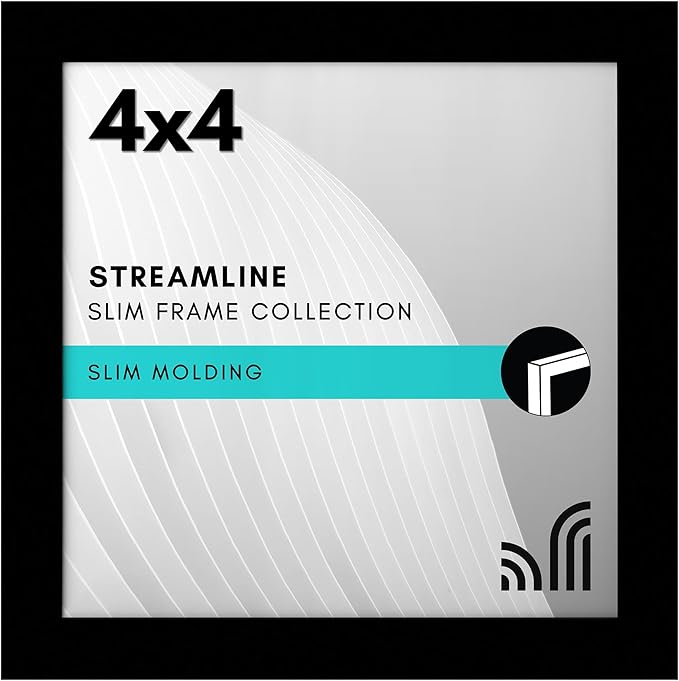 Americanflat 4x4 Picture Frame with Shatter-Resistant Glass - Streamline Collection - Thin Border Square Frame for Tabletop and Wall Display - Hanging Hardware and Easel Stand Included - Black