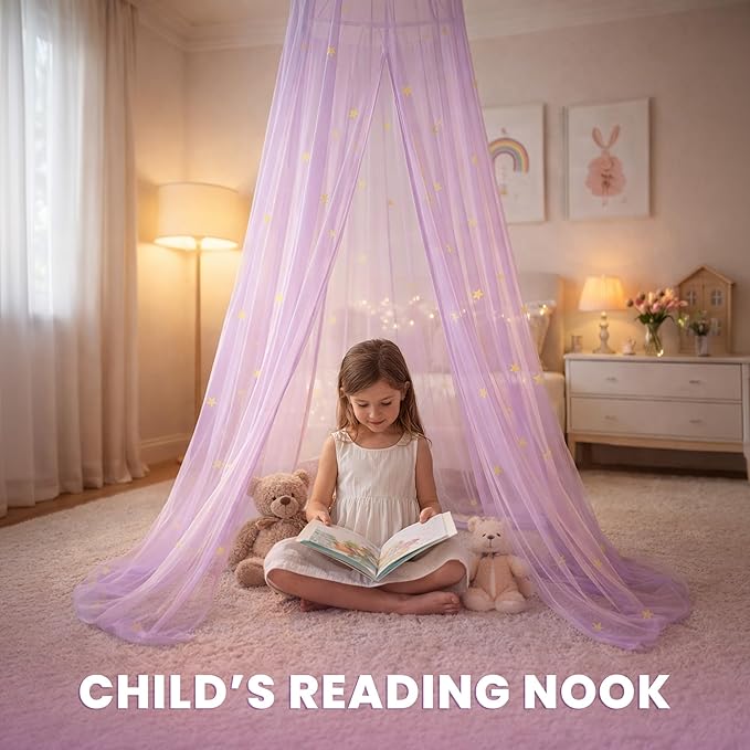 Bollepo Purple Bed Canopy for Girls with Glowing Stars - Princess Netting Room Decor, Ceiling Tent to Cover Toddler | Single, Twin, Full, Queen Size Kids Bed, Fire Retardant Fabric