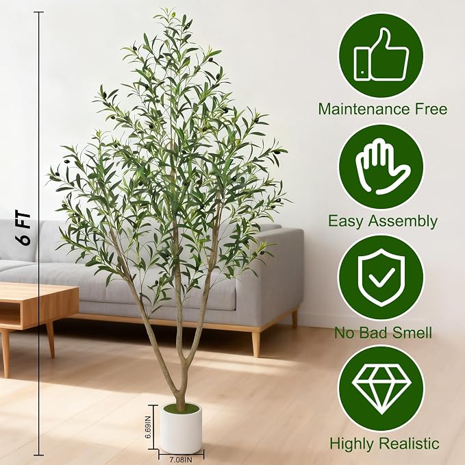 Timoo Faux Olive Tree 6FT Tall Olive Trees Artificial Indoor with White Planter, Artificial Plants Indoor Faux Tree with Realistic Leaves and Lifelike Fruits, Fake Plant for Home Office Decor