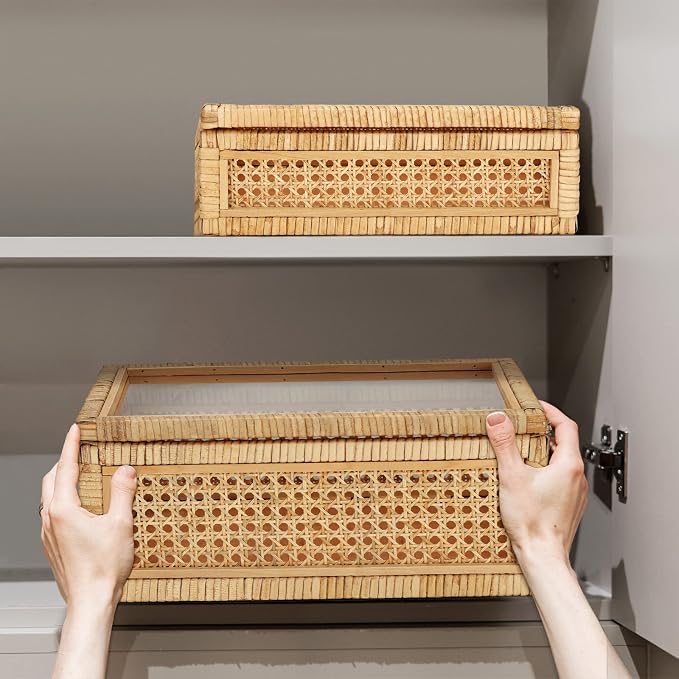 Amyhill Set of 2 Rattan Decorative Box with Glass Lid Rectangular Natural Woven Cane Stacking Display Boxes for Home Decor Rustic Shelf Organizer(15.4 x 9.5 x 7.1 Inch, 12.6 x 6.7 x 4.3 Inch)