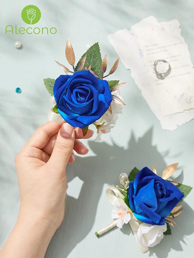 Alecono Boutonniere for Men, Set of 2 Navy Blue Corsages for Men Groom Bridegroom, Artificial Flowers for Prom Graduation Ceremony Anniversary