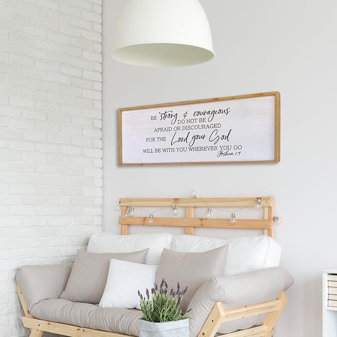 Be Strong And Courageous Sign Wall Decor 32"x12" Large Farmhouse Living Room Plaque Joshua 1:9 Bible Verse Inspirational Quote Positive Faith Home Hanging Rustic Catholic Scripture Christian Art (Wood)
