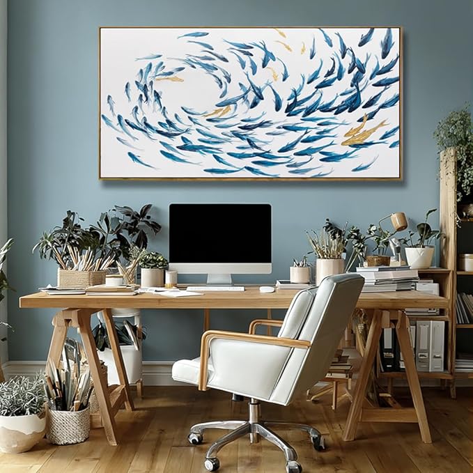 Kureful Fish Home Wall Decor White And Blue Wall Art Ocean Fishes Canvas Pictures 24"x48" Artwork for Bedroom Kitchen Poster
