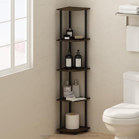 Furinno Turn-N-Tube Storage Shelves, 5-Tier Book Shelf, Corner Shelf, Toolless Open Shelves, for Organization and Storage, Living Room, Home Office, Hallway, Bedroom, Dark Brown Grain