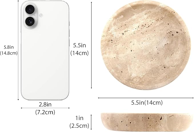 Small Natural Marble Jewelry Tray Key Plate Holder Dish Trinket Decor Catch All Bowl for Ring Earring Stone Gift for Women Daugther,Beige Travertine，5.5"