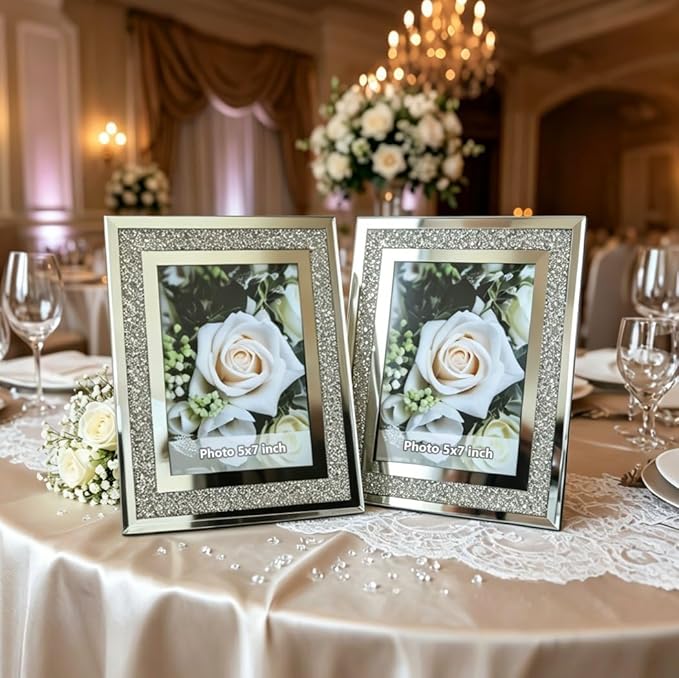ALLARTONLY Crush Diamond Mirror Photo Frame In Bling Sparkle Crystal Silver Glass Finish, For Picture Size 5x7 inch, Pack of 2 Piece, table top Stand frame & Wall Frame