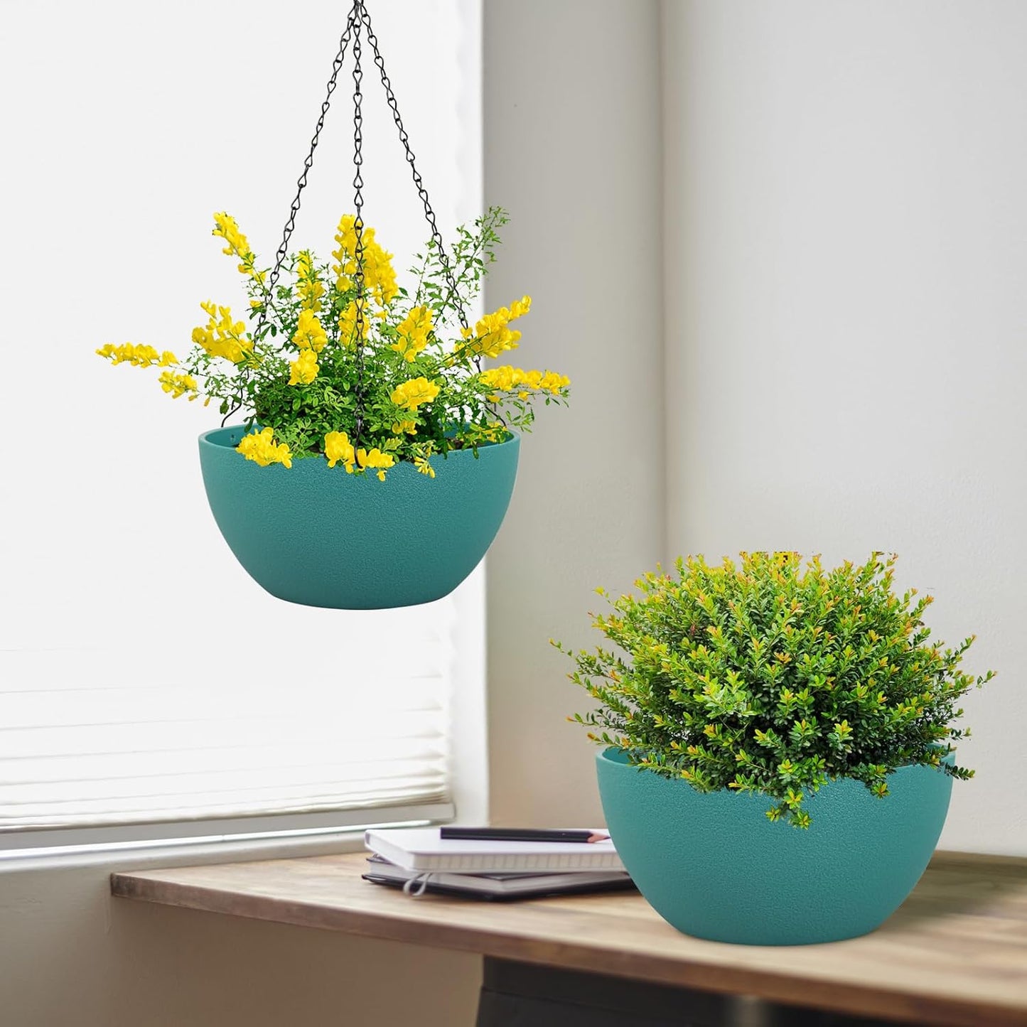 10 inch Hanging Planters for Indoor Outdoor Plants, 2 Pack Hanging Flower Pots with Drainage Holes and Chain for Garden Porch, Plastic Hanging Baskets for House Plants, Blue Green