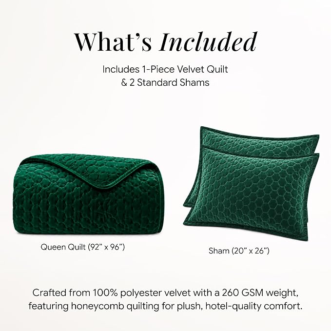 Tribeca Living Lugano Oversized Velvet Quilt Set - All Season, Extra Large, 3 Piece Queen Size Comforter Set with 2 Pillow Shams in Teal Honeycomb Pattern 260GSM