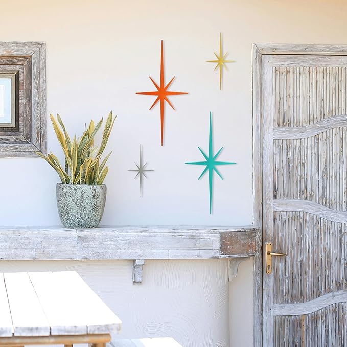 4 Pack Metal Star Wall Art 8 Pointed Starburst Wall Decor Set with 2 Large & 2 Small Pieces Mid Century Celestial Metal Wall Sculpture for Bedroom Living Room Office Gallery Wall