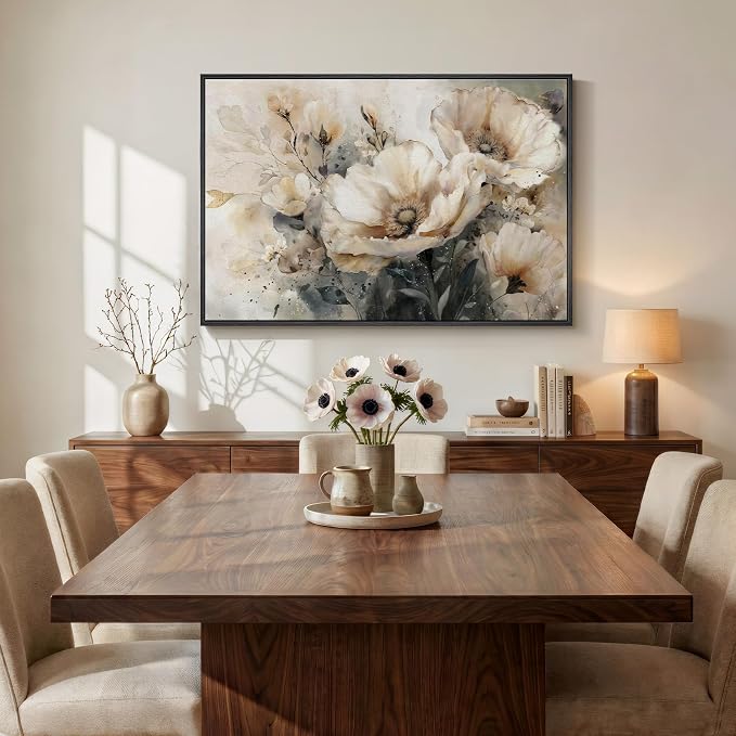 Framed Neutral Floral Wall Art, Botanical Flower Canvas Painting Prints for Modern Farmhouse, Rustic Retro Watercolor Pictures for Living Room Bedroom Dining Room Office Kitchen Wall Decor, 24x36 Inch