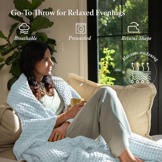 Threadmill Cooling Blanket Twin Size Waffle Weave| Breathable, Lightweight & Ultra-Soft | Made from Rayon Derived from Bamboo | Waffle Throw for Couch and Sofa | 68 x 92 Inches | Light Blue