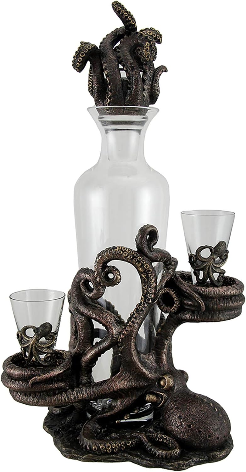Resin And Glass Liquor Decanters Octopus Spirit Decorative Antique Bronze Finish Statue And Glass Decanter Set 8.5 X 15.5 X 5.25 Inches Bronze