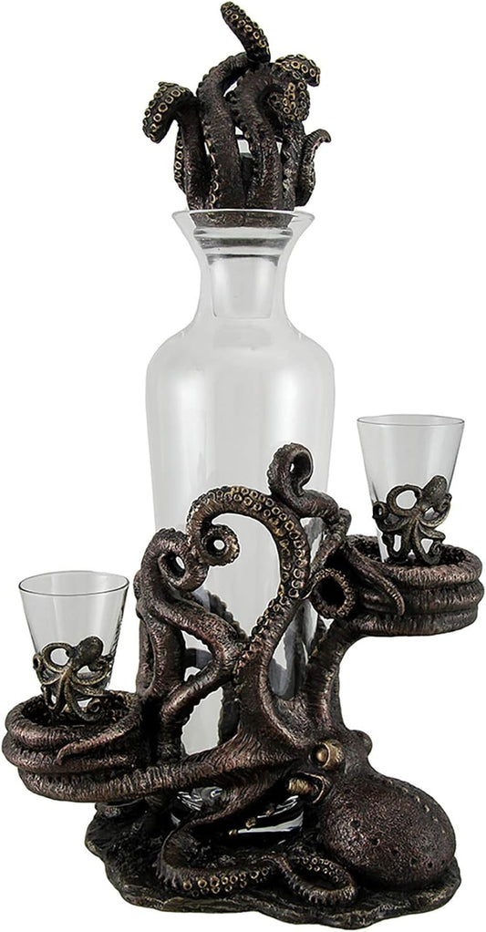 Resin And Glass Liquor Decanters Octopus Spirit Decorative Antique Bronze Finish Statue And Glass Decanter Set 8.5 X 15.5 X 5.25 Inches Bronze