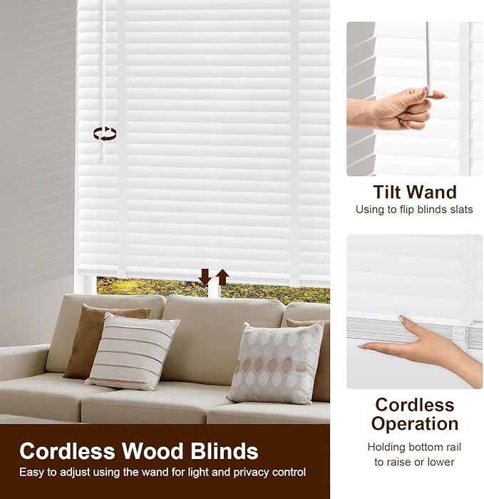 2" Cordless Real Wood Blinds for Indoor Windows, White, 36" W x 48" H | Horizontal Venetian Blinds with Tilt Wand, Light Filtering, Privacy Control, Easy Installation for Bedroom, Living Room