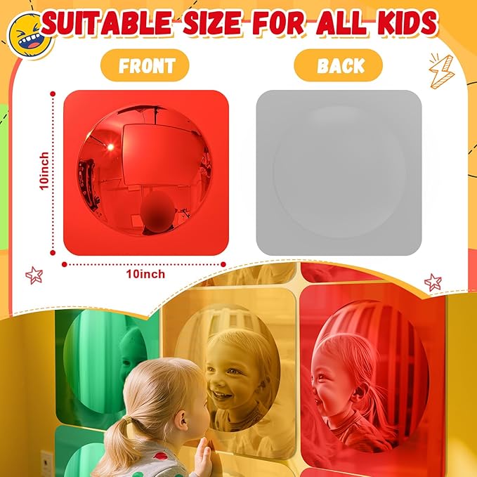 Geiserailie 9 Pcs Sensory Wall Mirror Acrylic Bubble Mirror Toys for Calming Corner Items - Sensory Room Have Visual, Tactile Stimulation (10 x 10 Inch,Red,Yellow,Green)