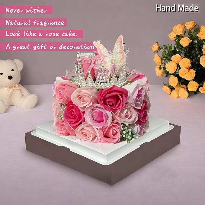 Eightown Forever Cake with Pink Preserved Flowers - Bouquet Preserved Roses for Women - Birthday Gift for Her with Crown (Hotpink & butterfly)