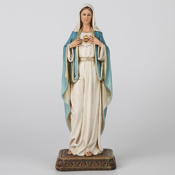 BC Catholic Immaculate Heart Mary Statue, 10" H Blessed Virgin Mary Figure for Altar, Holy Mother with Rosary Holder for Prayer Note, Religious Gift to Mon, Catholic Decor, Handmade by Buildclassic