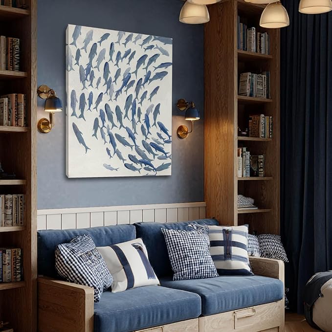 CHUDANHAO Blue and White Wall Decor Animal Decorative Paintings Fish Canvas Wall Art 30"x40" Office Decorations Artwork for Bedroom