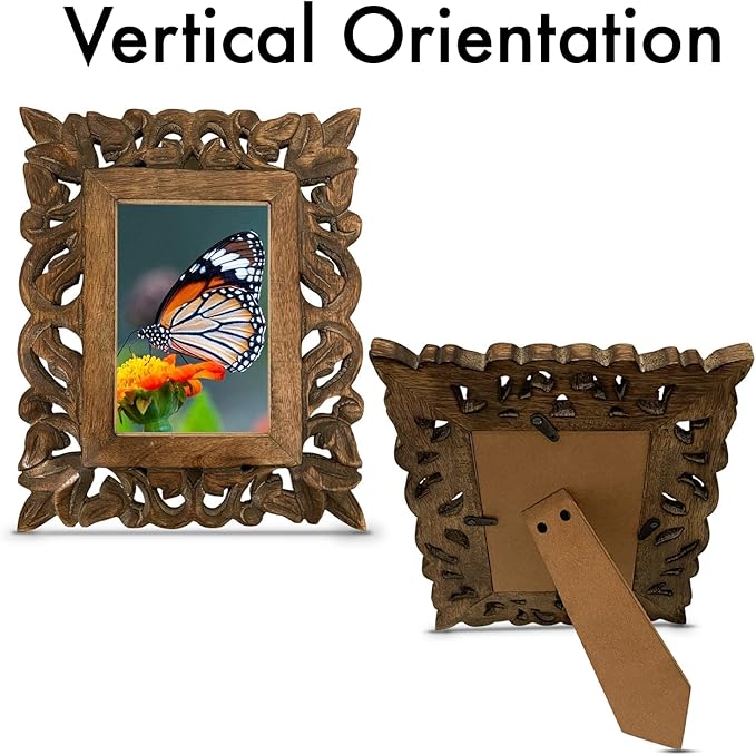 Hand Carved Mango Wood Rustic 4x6 Picture Frame with Real Glass - Aesthetic Vintage Wood Frame for Tabletop Use - Rustic Home Decor Perfect for Your Memories