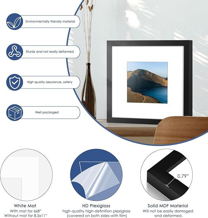 PEALSN 8x8 Picture Frame Set of 6, Display Pictures 5x5 with Mat or 8x8 without Mat for Wall Mounting or Table Top Display, Black.