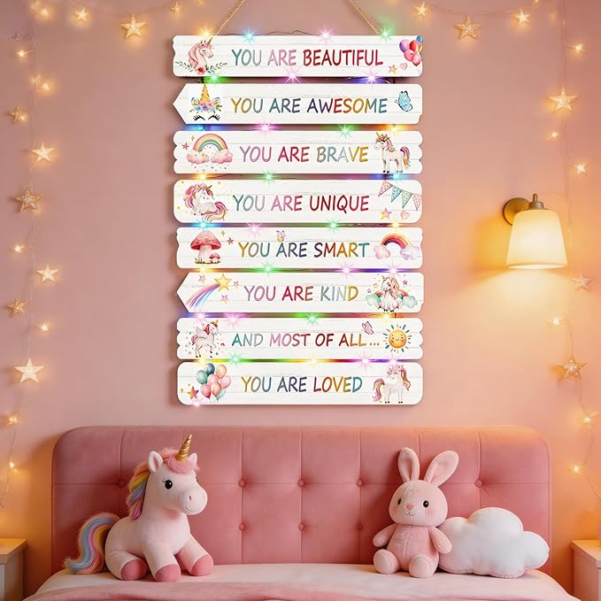 Vintage Classic Unicorn Sign Nursery Wall Decor Set of 8 with LED Lights, 11.4x2 Pink Cute Plaque Wall Art for Baby Girl Kid Teen Toddlers, 8 PCS Positive Wooden Quote Gift for kawaii Fairy Room