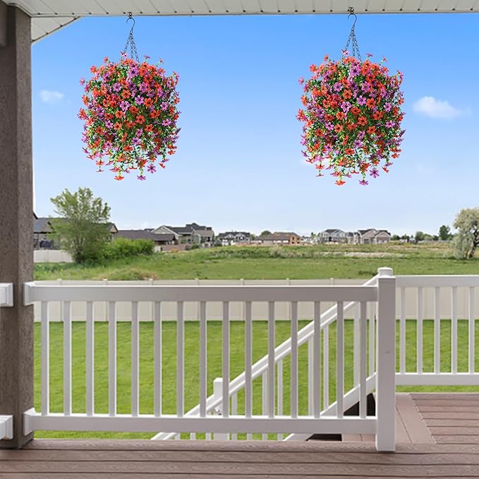 INQCMY Artificial Faux Hanging Flowers Plants Basket for Outdoor Outside Spring Decoration,UV Resistant Fake Silk Daisy in Planter Resistant Look Real for Home Porch Balcony Patio Yard Decor