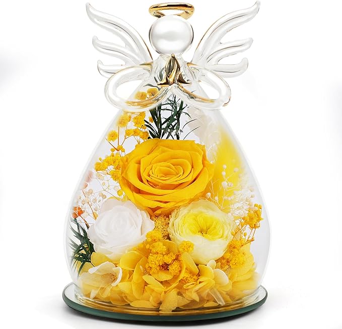 Yellow Preserved Rose Angel Figurine, Thank You Gifts for Female Coworker Teacher Nurse, Real Flower Friendship Farewell Birthday Presents