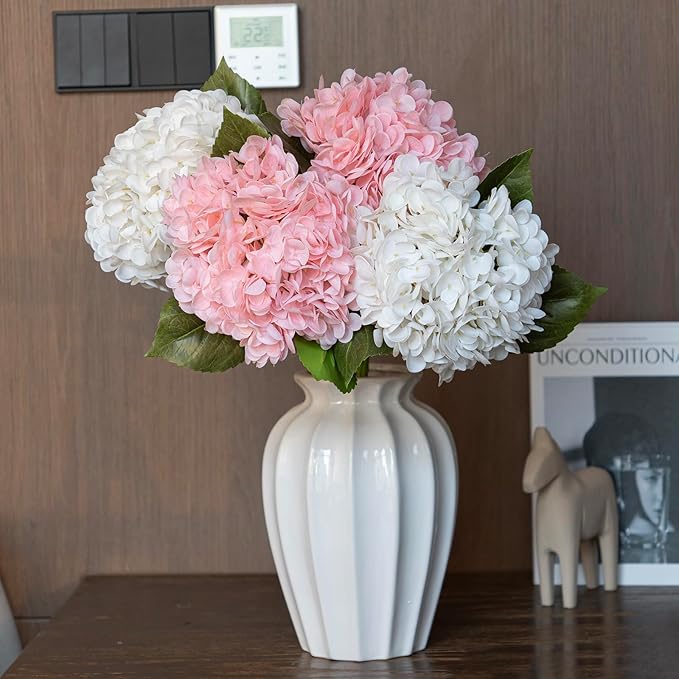 DUYONE 4Pcs 22 inch Lifelike Artificial Hydrangea, 2 Pink & 2 White Large Flowers Artificial Flowers Dry Flowers Outdoor Wedding Christmas Office Family Party Living Room Table Deco