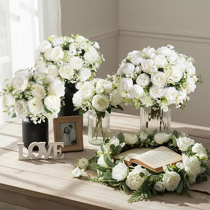12 Bundles Peonies Artificial White Flowers Bouquet, Lifelike Silk Fake Peonies with Stems for Home Table Centerpieces, Wedding, Party & DIY Bridal Floral Arrangements (White)